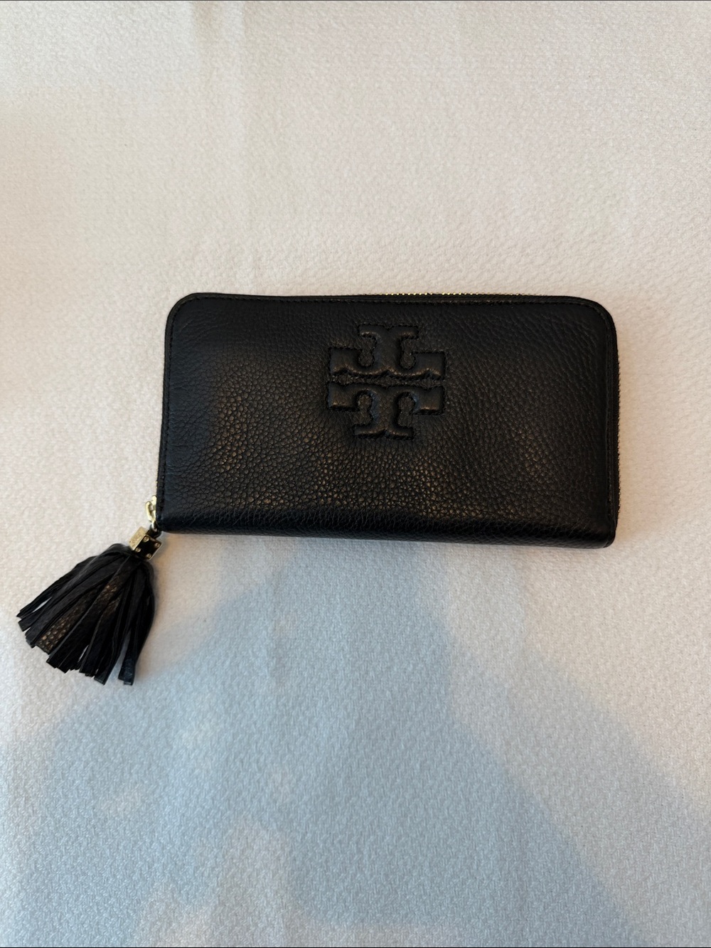 Tory Burch Black Pebbled Leather Zip Wallet with Tassel